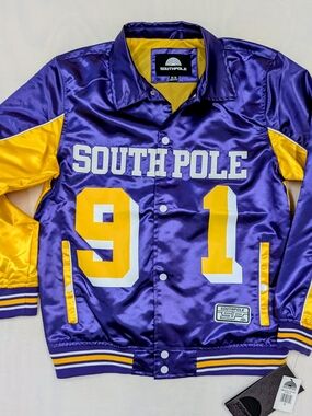 Southpole 91 Purple Satin Jacket Yellow Stripe Graphic Full Zip NWT Men's M